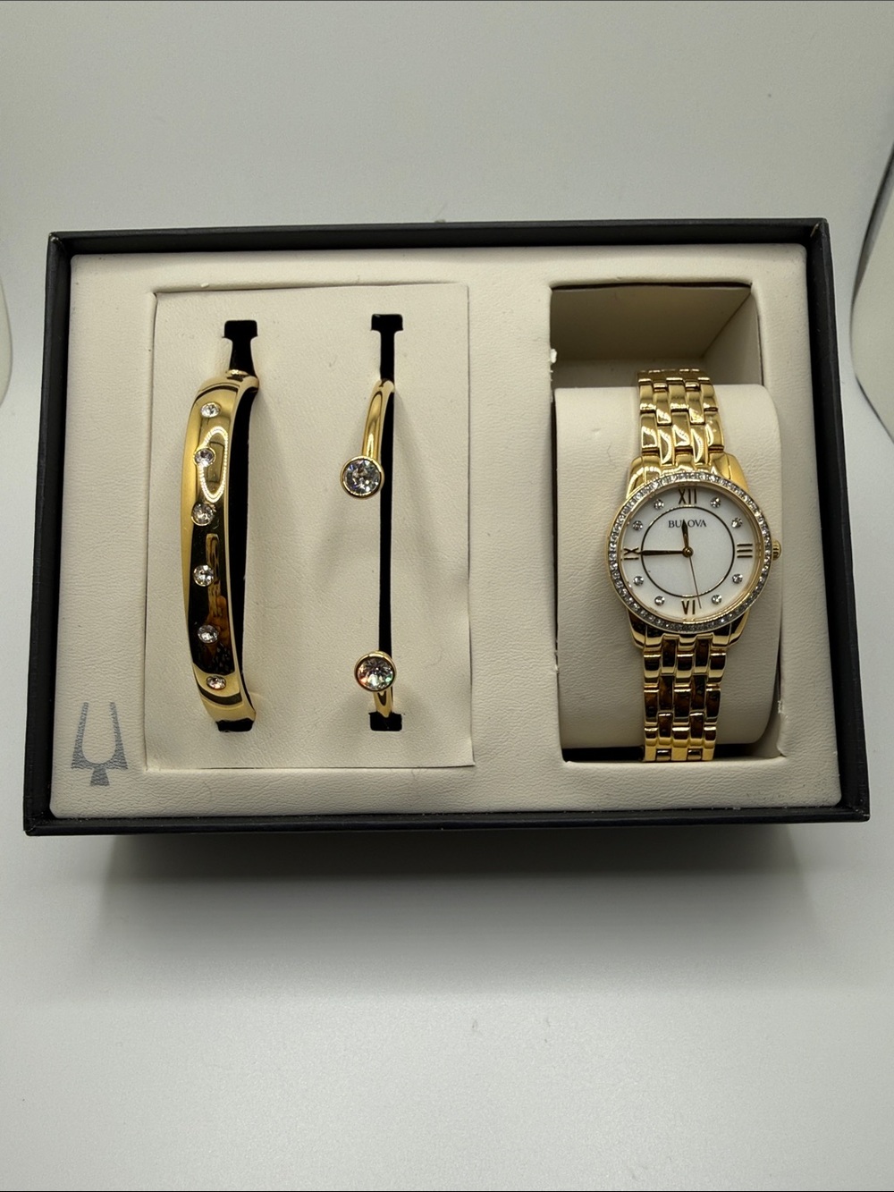 NWB Bulova Crystal Accent Gold-Tone Watch and Bangle Boxed Set (Model: 98X115)